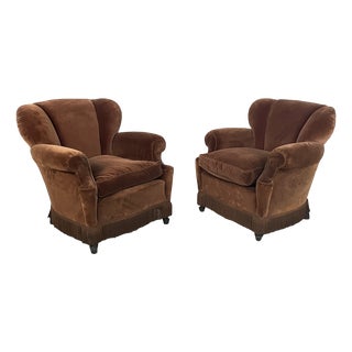 Italian Art Deco Lounge Chairs in Brown Velvet, 1930s, Set of 2 For Sale