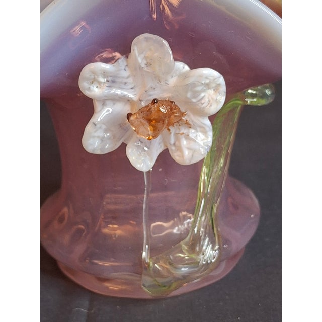 Antique Stevens & Williams Art Glass Basket - Pink Opalescent Cased Glass - Applied Flower & Stem - Uranium Vaseline Glass Handle - Circa 1880s For Sale - Image 10 of 18