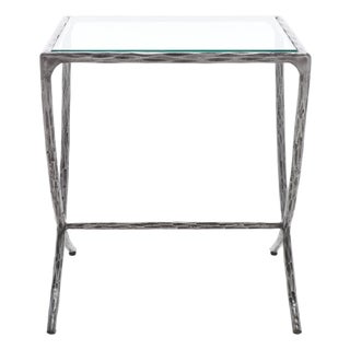 Debbie Square Metal Accent Table in Silver with Glass Top For Sale
