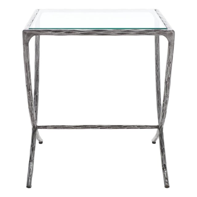 Debbie Square Metal Accent Table in Silver with Glass Top For Sale