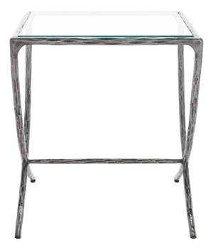 Debbie Square Metal Accent Table in Silver with Glass Top