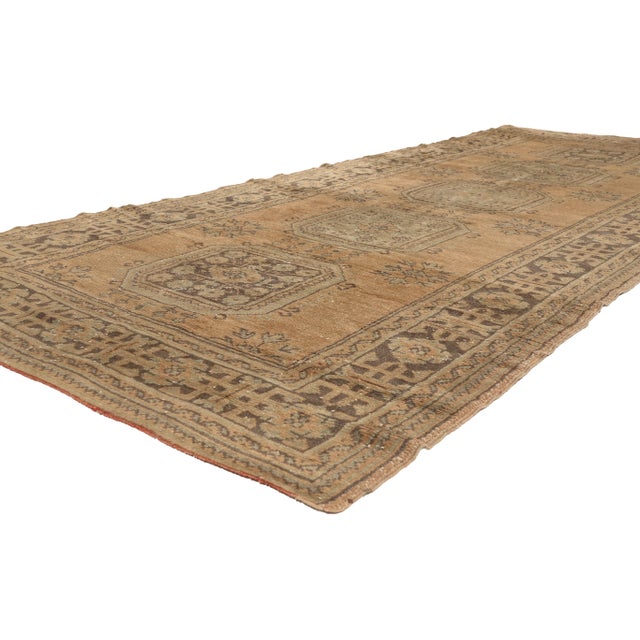 51146 Vintage Turkish Oushak Rug, 04'10 x 12'03. The Sacred Reverie: A Vintage Turkish Oushak Masterpiece of Anatolian...