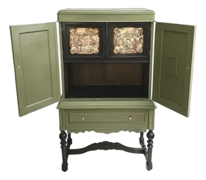 Vintage Display Cabinet With Woven French Panels — 20th Mid-Century
