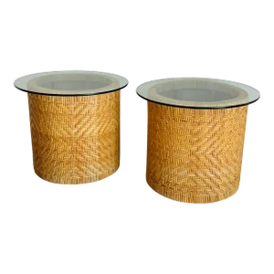 1970s Rattan Woven Cylinder Side Tables -A Pair