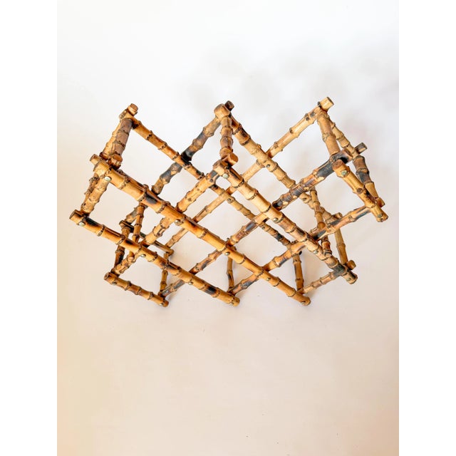 1960s Vintage Burnt Tortoise or Scorched Bamboo Collapsable 8 Bottle Wine Rack For Sale - Image 5 of 9