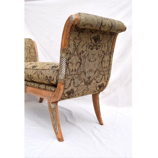 Neoclassical settee to grace your home. Easy to move around. Comfortable to sit on. Sturdy. Beautiful damask, silver leaf...