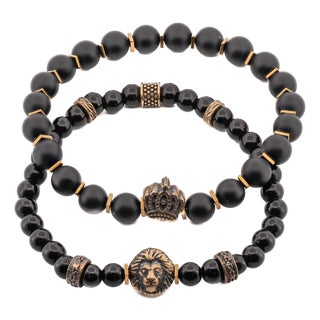 Men's Black Onyx Stone Beaded Powerful Lion & King Charms Bracelet Set For Sale