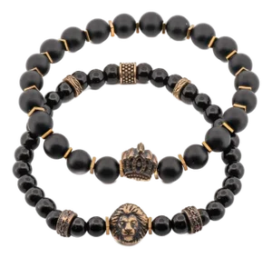 Men's Black Onyx Stone Beaded Powerful Lion & King Charms Bracelet Set