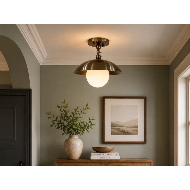 Contemporary Spun Solid Brass Dome Semi-Flush Mount With Opal Glass Globe For Sale - Image 3 of 8