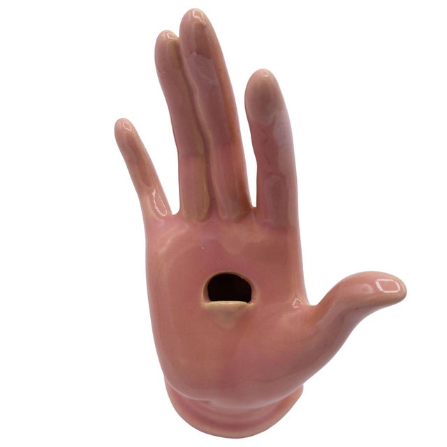 Mid-Century Modern 1950s California Pottery Salmon Pink Figurative Female Hand Business Card Holder For Sale - Image 3 of 8