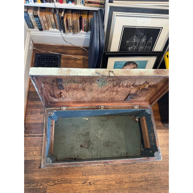 Antique Painted Wood Trunk With American Eagle Decals, Chippy Sage Green For Sale In Charlotte - Image 6 of 6