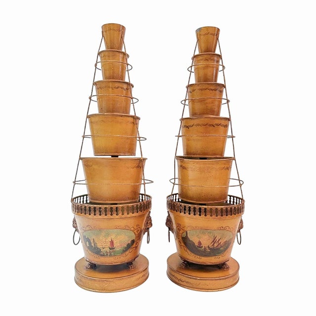 Gold Pair of Antique French Tole Tulipieres With Hand-Painted Scenic Panels For Sale - Image 8 of 17