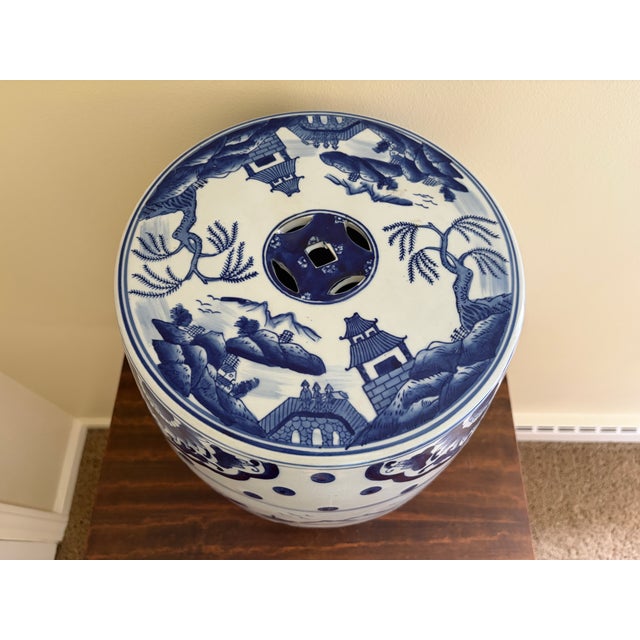 Blue Late 20th Century Blue and White Porcelain Chinoiserie Chinese Garden Stool or Side Table For Sale - Image 8 of 12