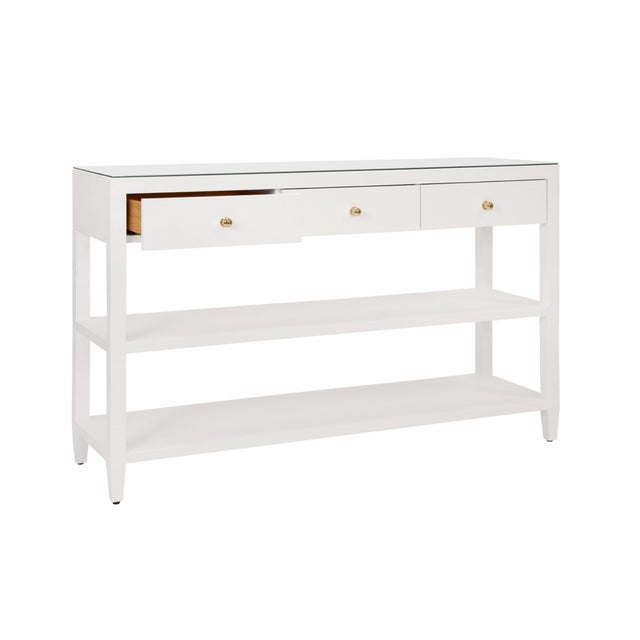 Contemporary Matthew Izzo Home Briar Textured White Linen Three Drawer Console Table With Brass Knobs For Sale - Image 3 of 7