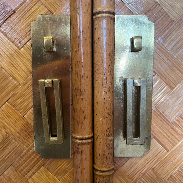 Vintage Bamboo and Rattan Double Door Cabinet with Brass Handles For Sale - Image 5 of 10