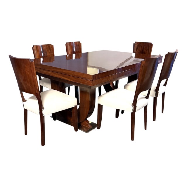 French Art Deco Dining Room Set in Mahogany, 1930s, Set of 7 For Sale