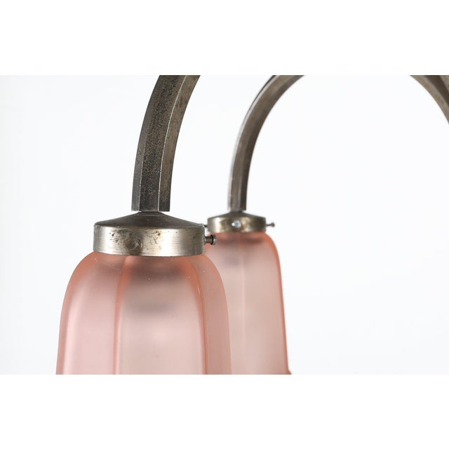 Pink Art Deco Chandelier with Etched Pink Glass Shades, 1930s For Sale - Image 8 of 10