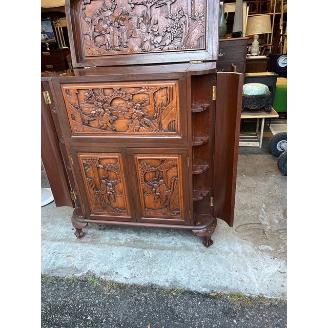 Brown 1960s George Zee Style Mid-Century Asian Heavily Hand Carved Flip Top Dry Bar Cabinet. For Sale - Image 8 of 12