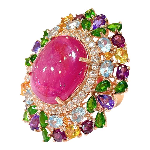 Bochic “Orient” Ruby & Multi Color Gems 18k Gold & Silver Cocktail Ring Size 10 For Sale