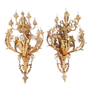20thC French Bronze Louis XVI Gilt Wall Lamps Sconces Pair For Sale