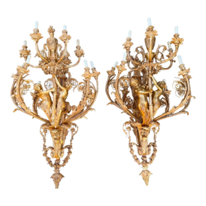 20thC French Bronze Louis XVI Gilt Wall Lamps Sconces Pair