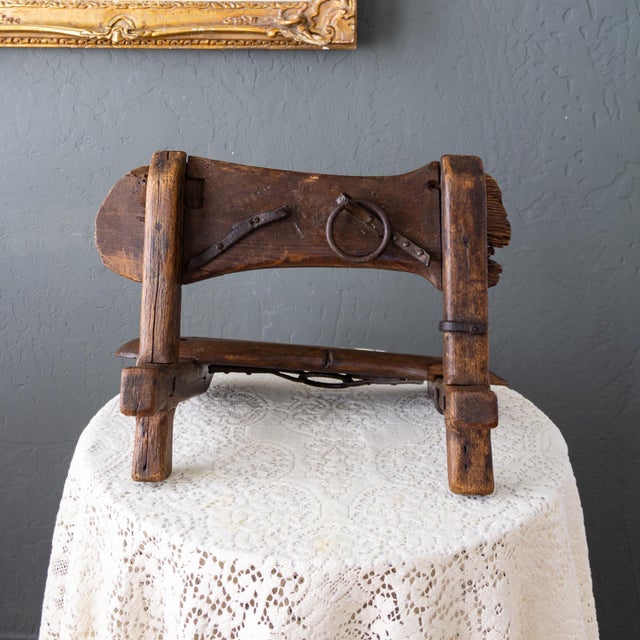 Wood Primitive Wooden Pack Saddle With Leather Straps and Iron Rings For Sale - Image 7 of 16