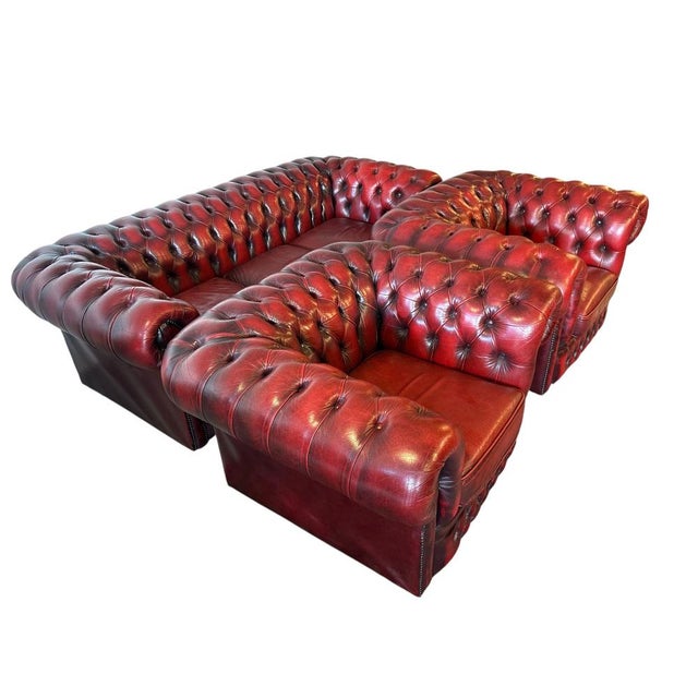 Leather Chesterfield Sofa and Armchairs, Set of 3 For Sale - Image 4 of 9