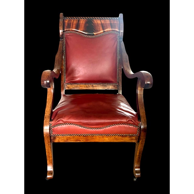 William IV Antique Empire Flame Mahogany & Red Leather Library Armchair, Late 19th. Century Chair For Sale - Image 3 of 14