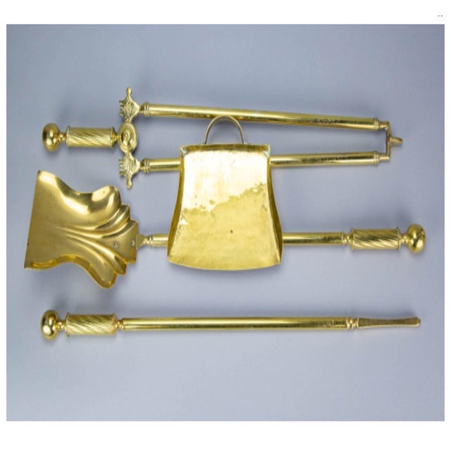 English Antique Brass Fireplace Andirons & Tool Set—6 Pieces For Sale - Image 3 of 7