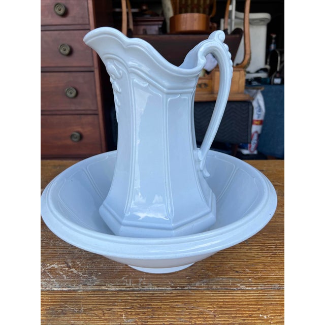 Antique Staffordshire White Ironstone Girard Shape Pitcher & Bowl Set, Circa 1840s For Sale - Image 16 of 17