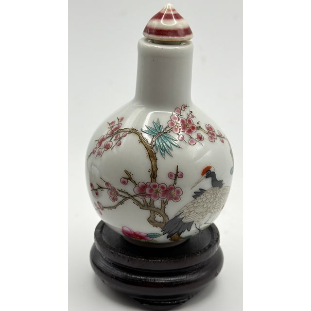 Painted Porcelain Snuff Bottle With Red Crested Cranes and Plum Blossoms For Sale - Image 9 of 14