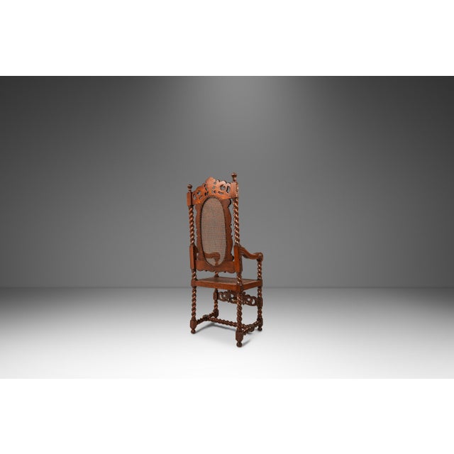 Set of 2 Antique 18th Century Jacobean Stuart Baroque Styled Hand-Carved Armchairs in Oak & Cane, England, Circa 1890s For Sale - Image 4 of 12