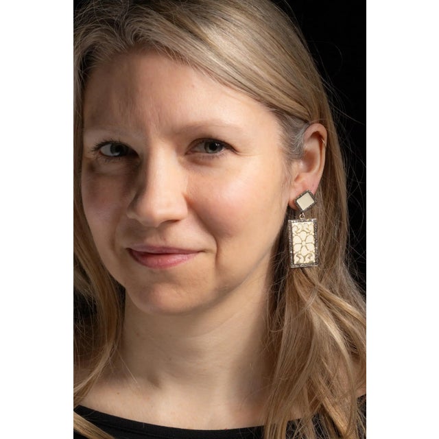1990s Pair of White Enamel and Diamond Dangle Earrings For Sale - Image 4 of 4