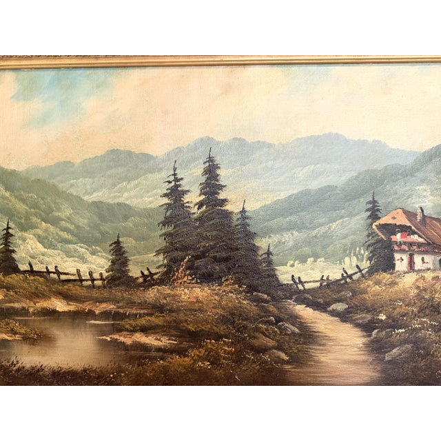 Cabin Large VTG Alpine Mountain Landscape Oil Painting European Cabin Framed Signed For Sale - Image 3 of 15