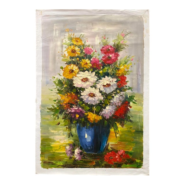 Impasto Oil Paint Canvas Art Blossom Flowers Vase Scroll Painting For Sale