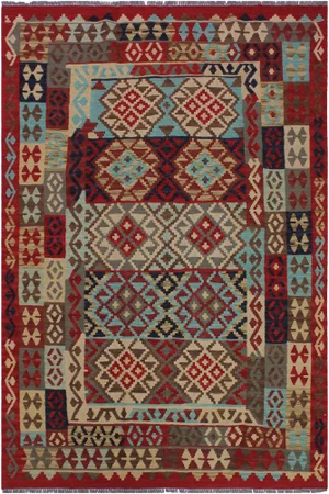 1990s Navajo Style Kilim Red Hand-Woven Wool Rug -5'2 X 6'7
