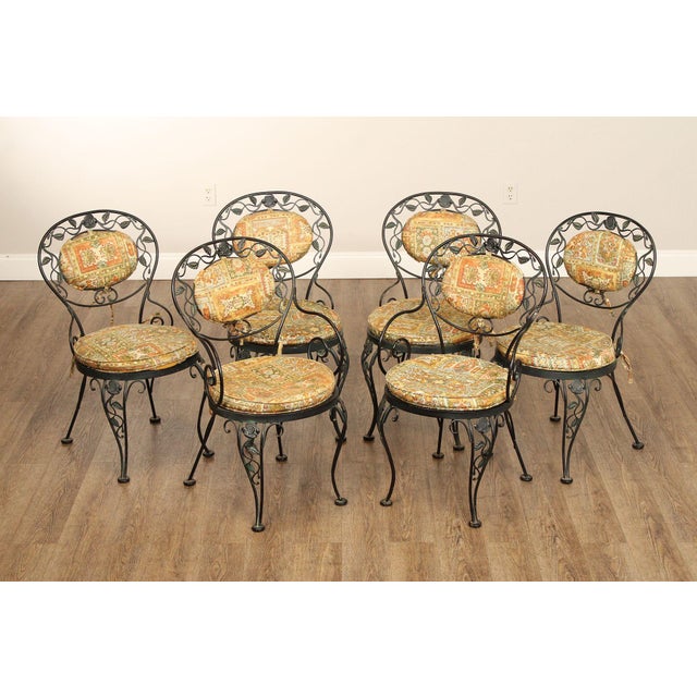 High Quality American Made Vintage Set of Six Wrought Iron Outdoor Dining Chairs with Rose Pattern with Removable Custom...