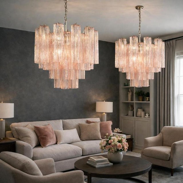 Italian Pink Murano Glass Chandeliers, 1970s, Set of 2 For Sale - Image 4 of 18