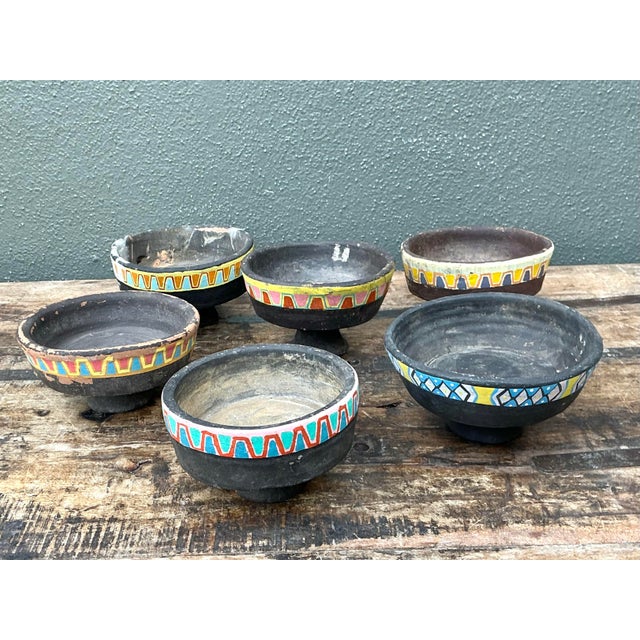 Contemporary Vintage Painted Ceramic Pedestal Bowls - Set of 6 For Sale - Image 3 of 12