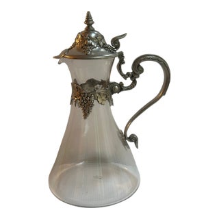Vintage Glass and Pewter Decanter With Lid and Handle Detailed With Grape Vines Motif Made in Italy For Sale