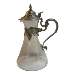 Vintage Glass and Pewter Decanter With Lid and Handle Detailed With Grape Vines Motif Made in Italy