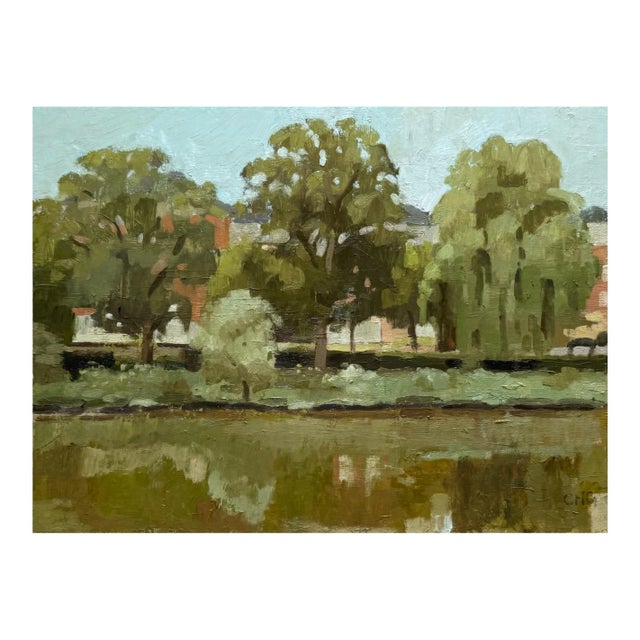 A small landscape painting of trees lining the canal. I enjoy the composition of the painting and the colors of the...