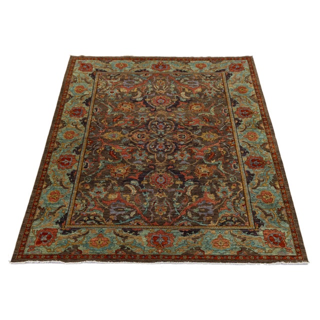Modern Bidjar Style Hand-Knotted Wool Rug Earthy Brown & Turquoise 10x14 For Sale - Image 4 of 11