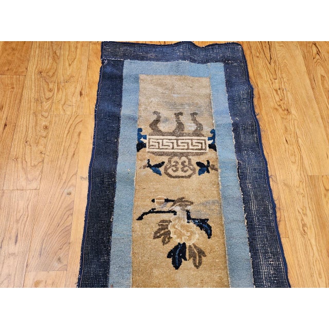 Chinese Antique Chinese Peking Runner, Hand-Knotted Wool, Ivory & Navy, 1880s, 2' x 10' For Sale - Image 3 of 9
