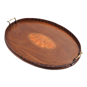 English Mahogany Inlaid Serving Tray With Brass Handles, C. 1800's