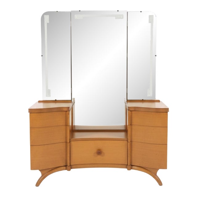 1950s Mid-Century Modern Mount Airy "Janus" Waterfall Vanity With Triptych Mirror For Sale