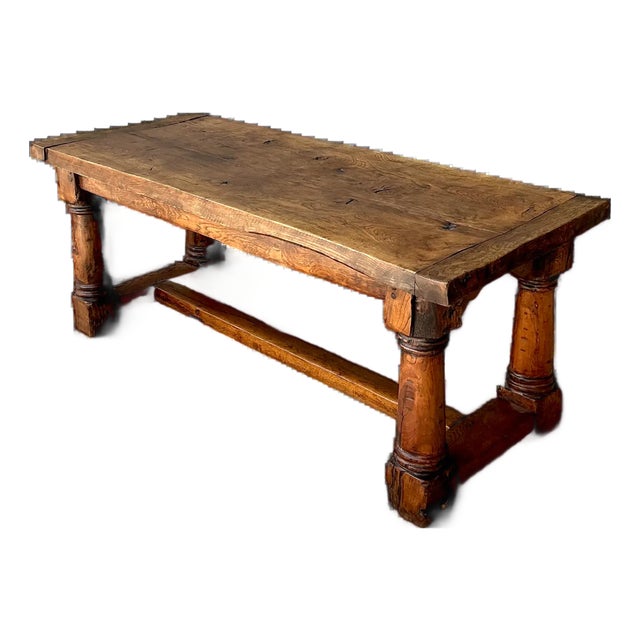 Vintage Belgian Solid Wood Trestle Table For Sale
