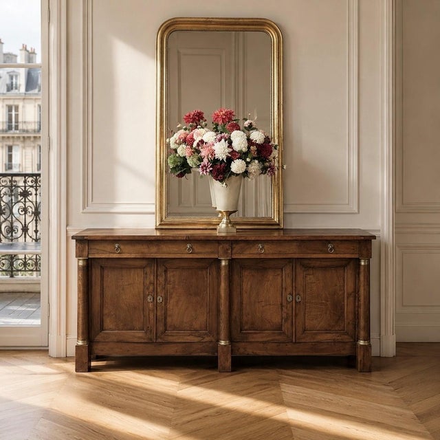 Early 19th Century French Empire Period Walnut Grand Buffet commands attention with grand scale, noble architecture, and...