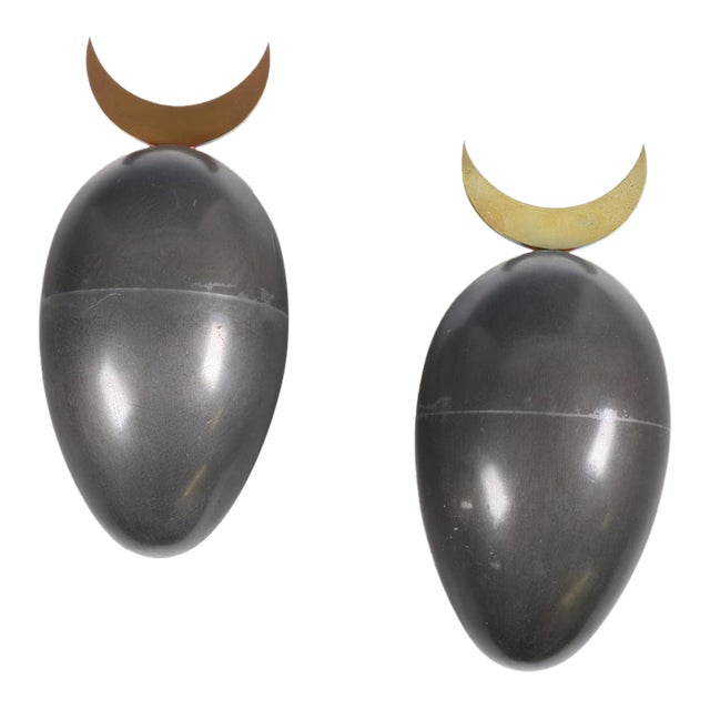 Johan Meijerink (Dutch 1948 - 2011) Modernist Bronze Ovoid Egg Wall Sculptures With Crescent Finials - A Pair For Sale