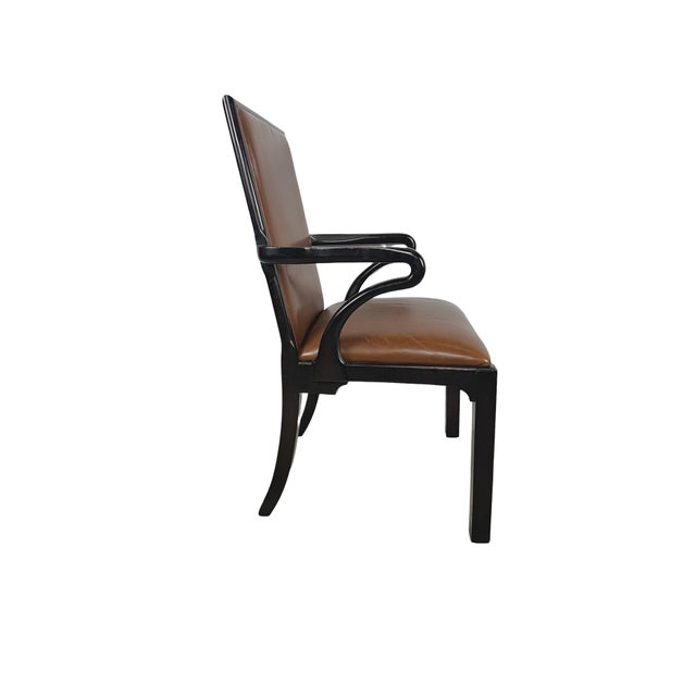 Wood Vintage Baker Furniture Brown Leather & Ebonized Wood Armchair For Sale - Image 7 of 17